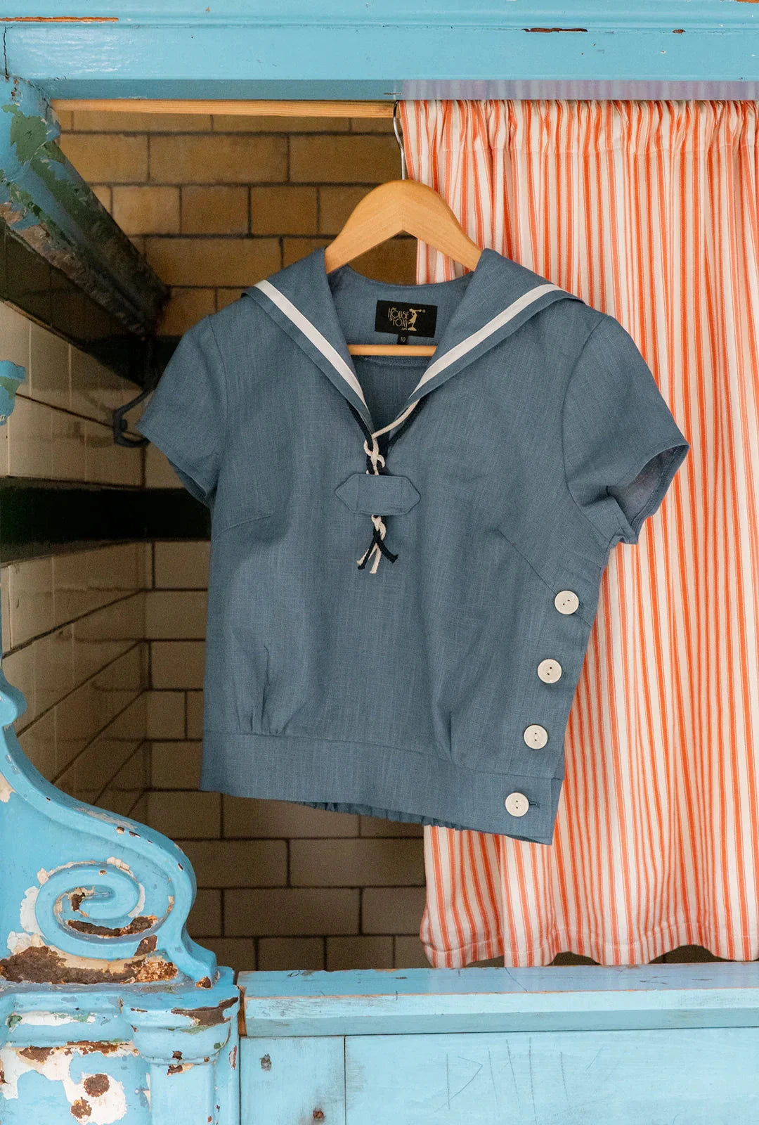 1930s Sailor Top - Aqua kortærmet skjorte House of Foxy