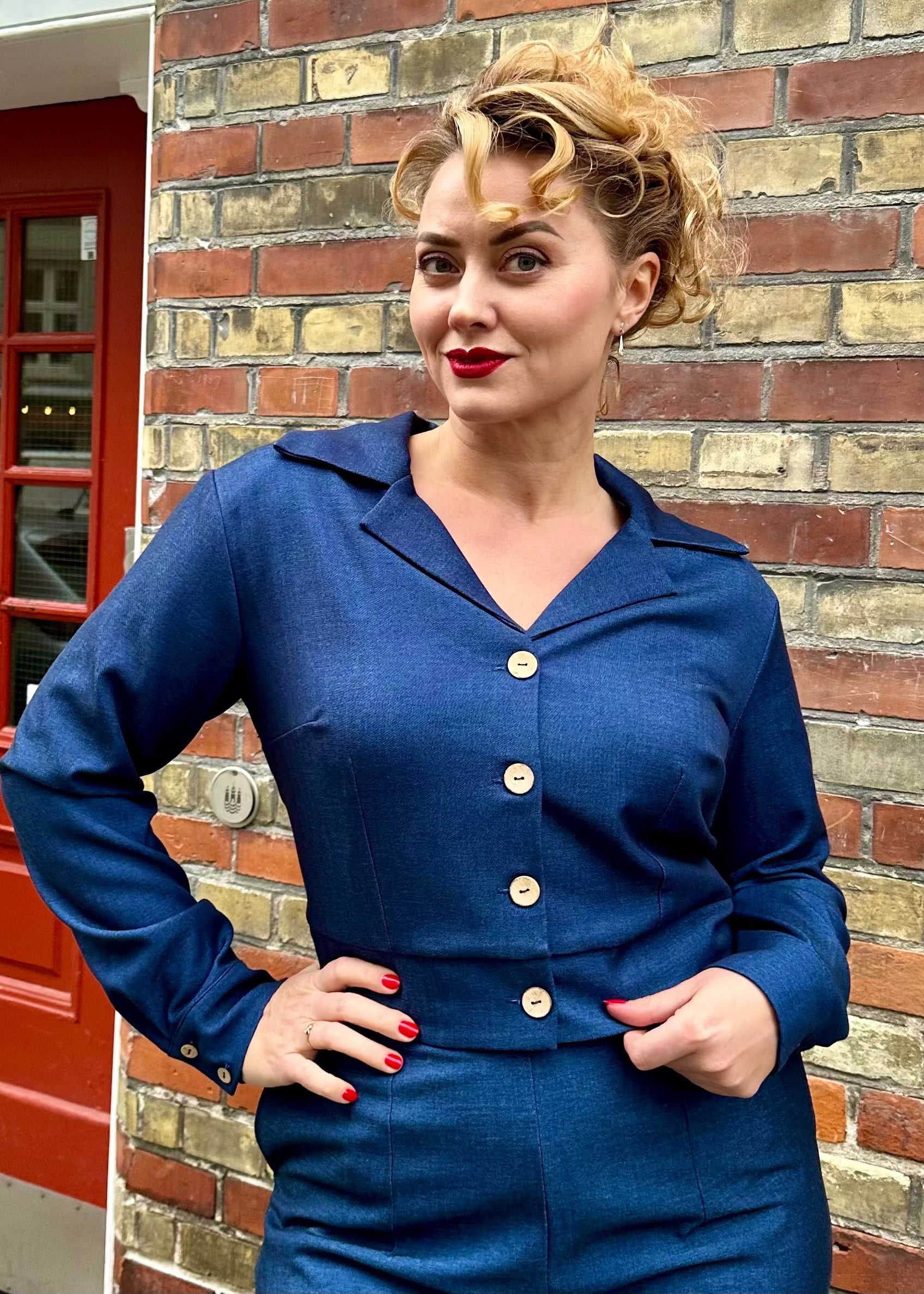 1940'er stils jakke i blå denim-look bluse Daisy Dapper