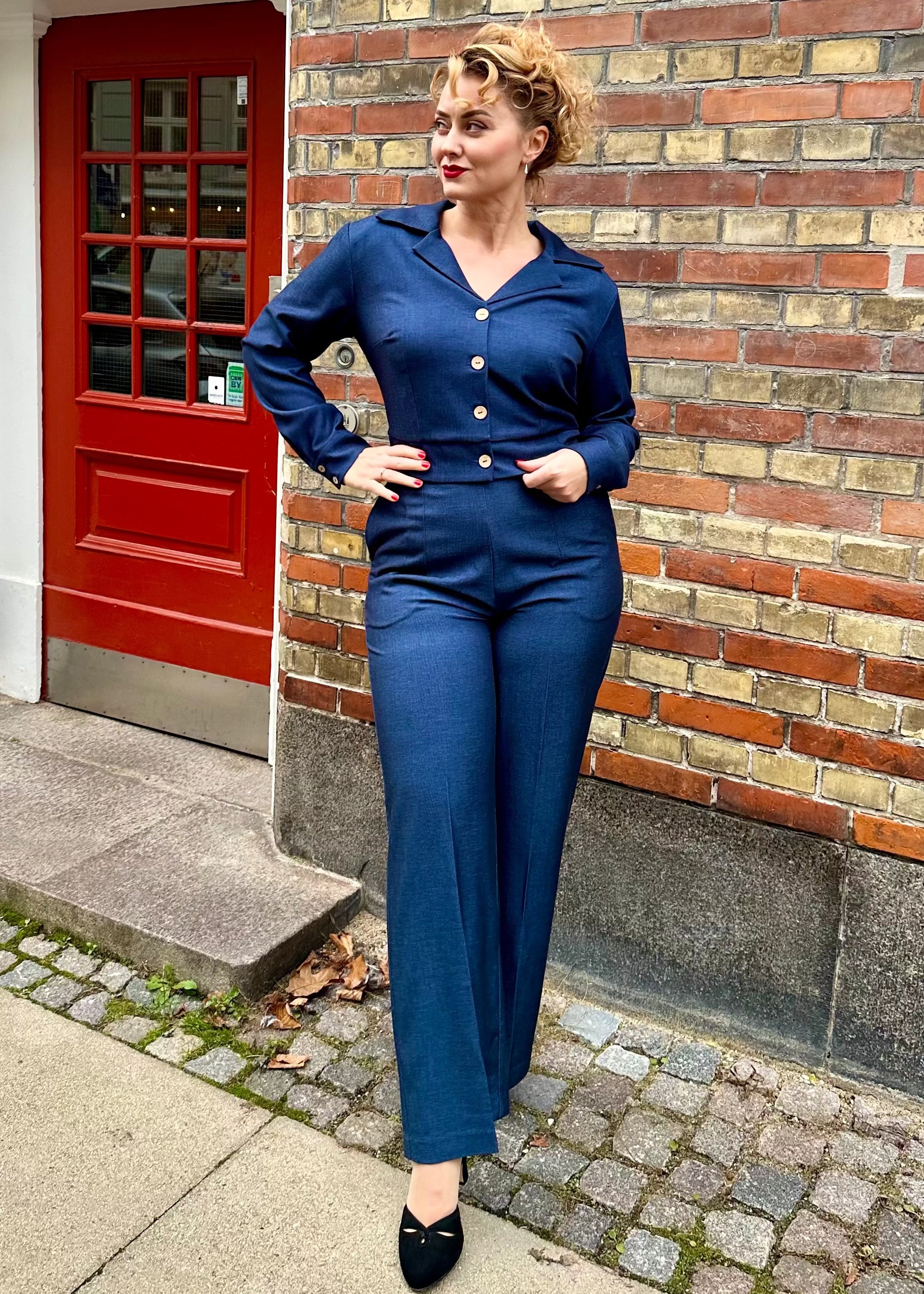 1940'er stils jakke i blå denim-look bluse Daisy Dapper