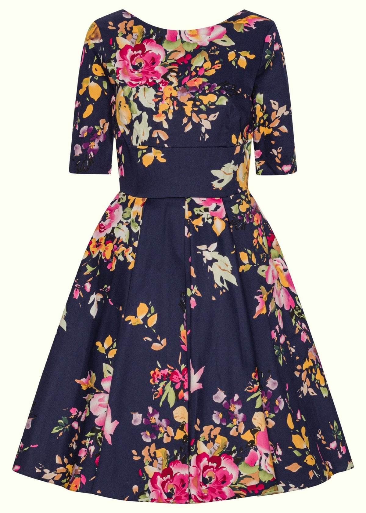 1950'er Hepburn swingkjole i navy floral tøj Pretty Dress Company