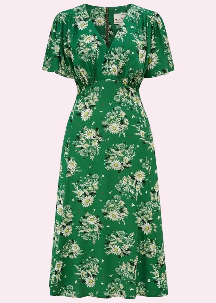 Betty A-line kjole - green floral aline kjole Weekend Doll