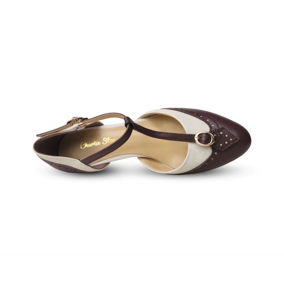 Charlie Stone: Luxe Parisienne brun & hvid T-rem sko Charlie Stone