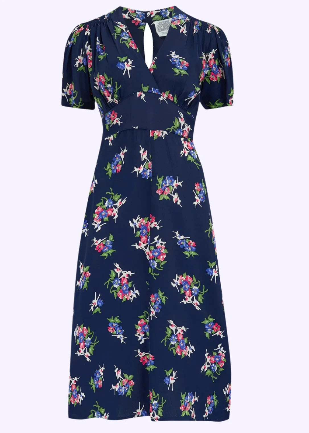Dolores A-line kjole i navy 'floral dancer' mønster aline kjole Seamstress Of Bloomsbury