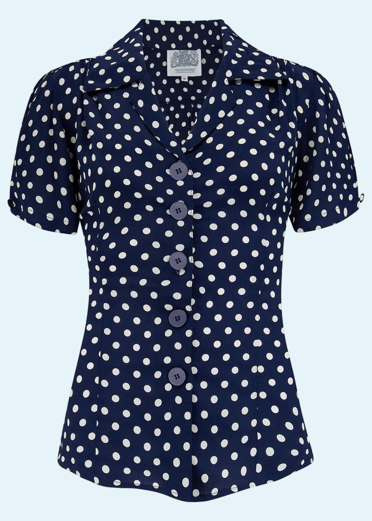 Grace kortærmet skjorte i navy med prikker kortærmet skjorte Seamstress Of Bloomsbury