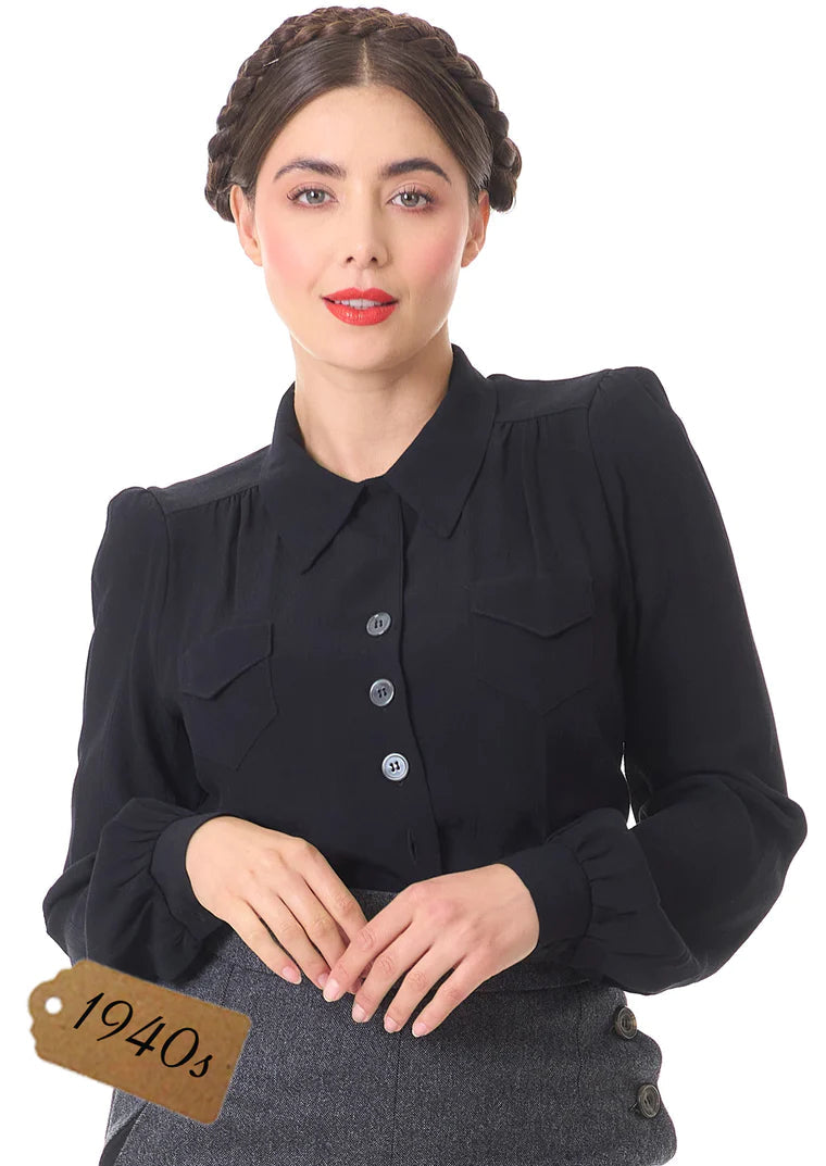 House of Foxy: Sweetheart vintage stils skjortebluse i sort tøj House Of Foxy