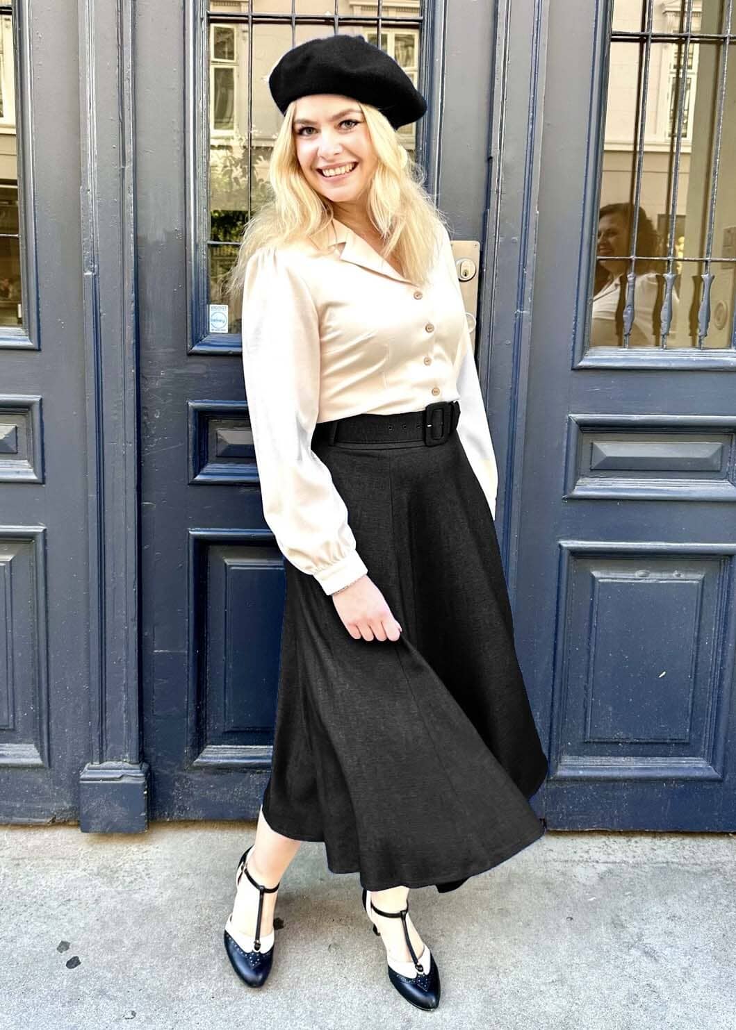 Midi skirt med bælte i sort denim-look Nederdel Daisy Dapper