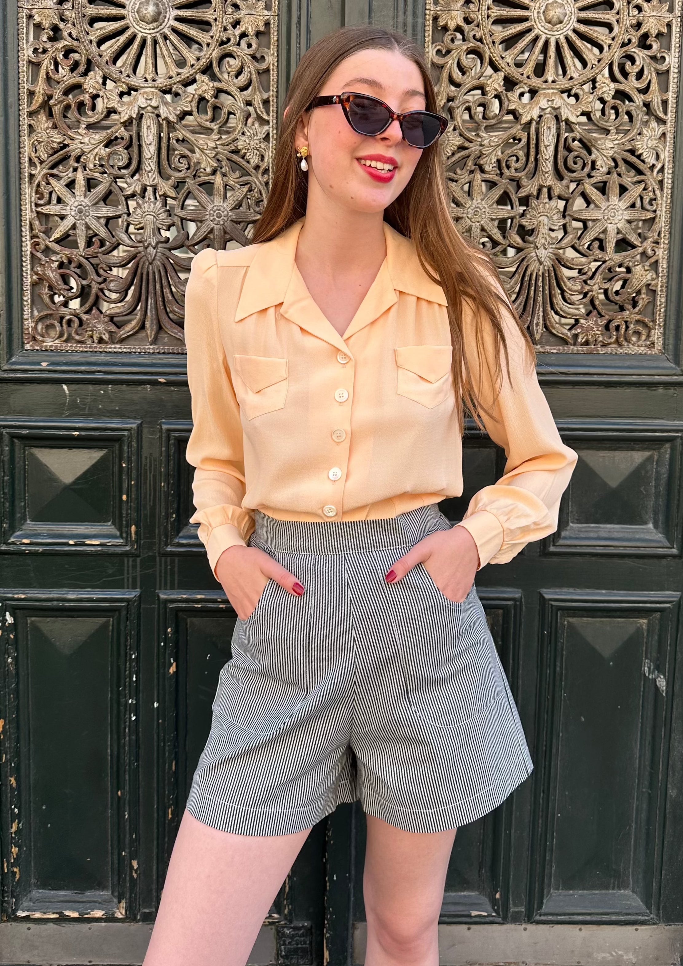 Sweetheart vintage stils skjortebluse i abrikos langærmet skjorte House Of Foxy