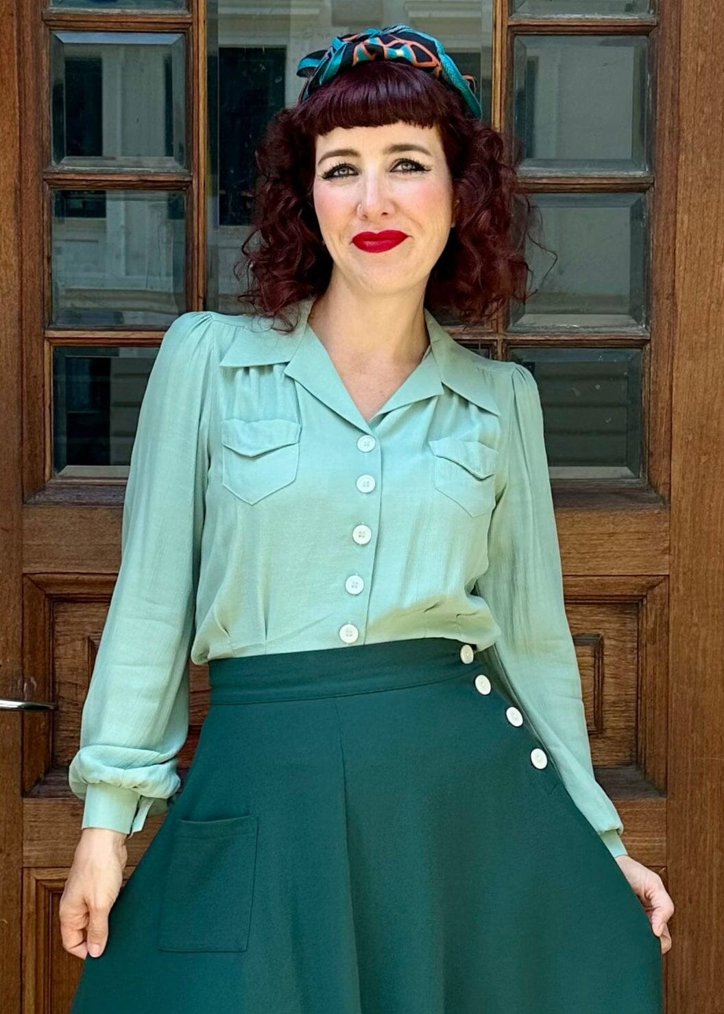 Sweetheart vintage stils skjortebluse i lys grøn langærmet skjorte House of Foxy