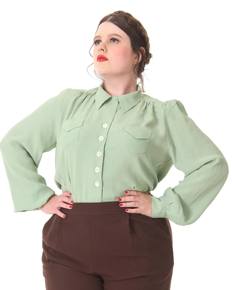Sweetheart vintage stils skjortebluse i pistacie tøj House Of Foxy
