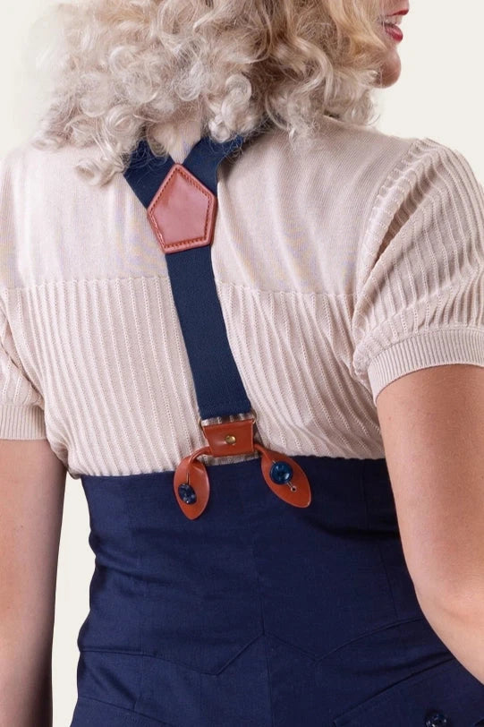 The Sassy Suspenders seler i navy/ cognac -Vegan Accessories Emmy Design
