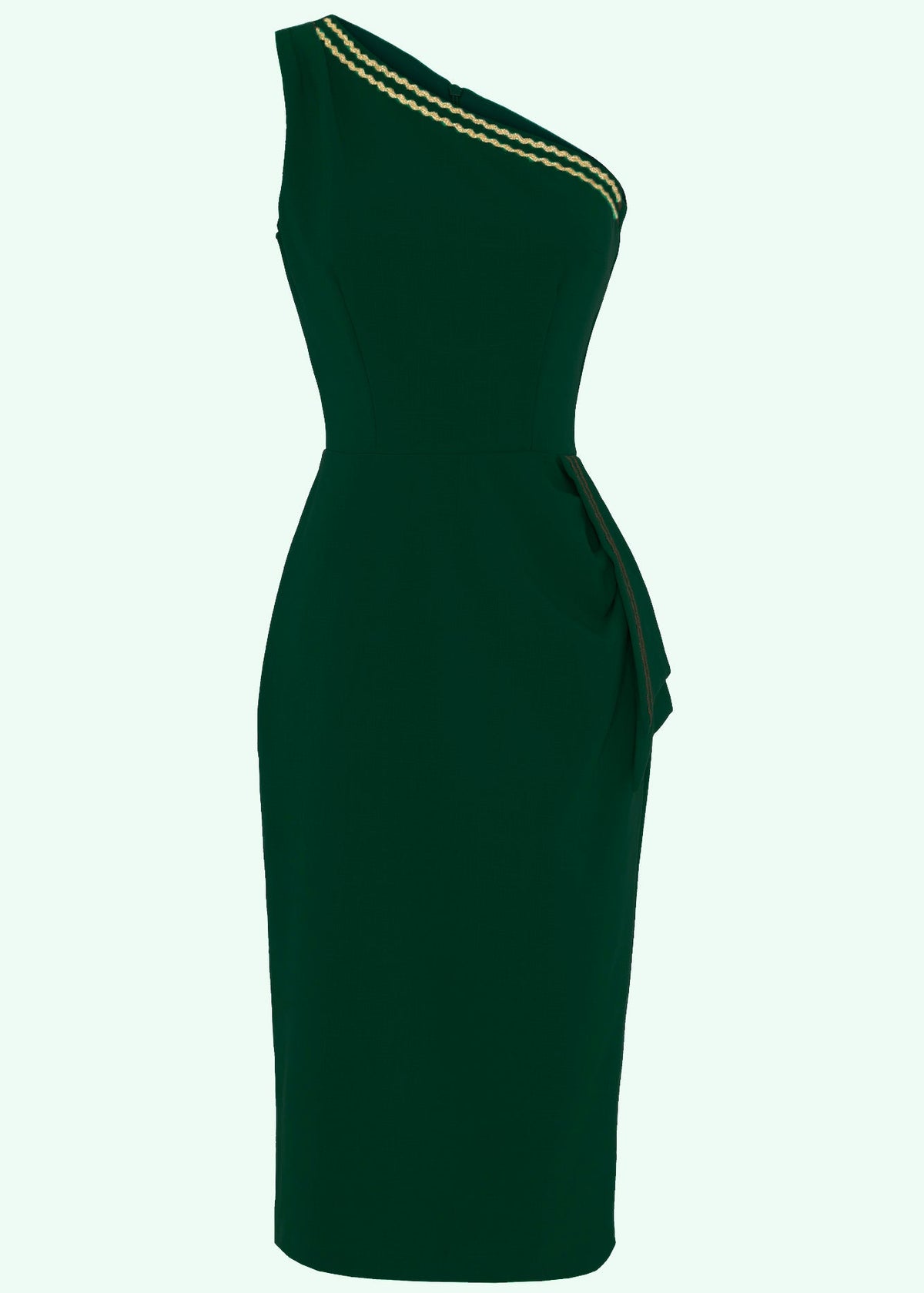 Pretty Dress Company: Cybele asymmetrisk pencilkjole i grøn og guld Pretty Dress Company