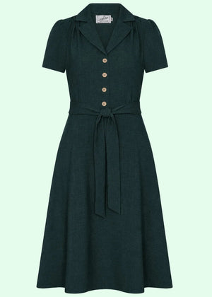 Betty kortærmet skjortekjole - mørk grøn linen look skjortekjole Daisy Dapper 