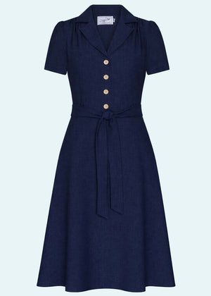 Betty kortærmet skjortekjole - navy linen skjortekjole Daisy Dapper 