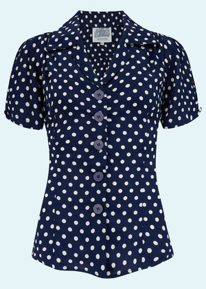 Grace kortærmet skjorte i navy med prikker kortærmet skjorte Seamstress Of Bloomsbury 