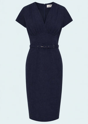 Holly pencilkjole - navy linen look pencil kjole Daisy Dapper 