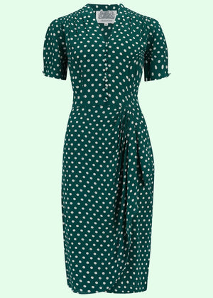 Mabel 1940'er kjole i grøn med prikker pencil kjole Seamstress Of Bloomsbury 
