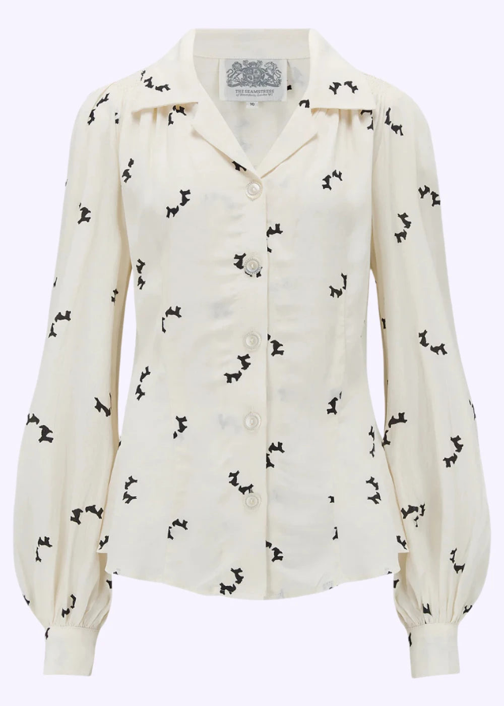 Poppy vintage stils skjortebluse hvid med hundeprint langærmet skjorte Seamstress Of Bloomsbury 